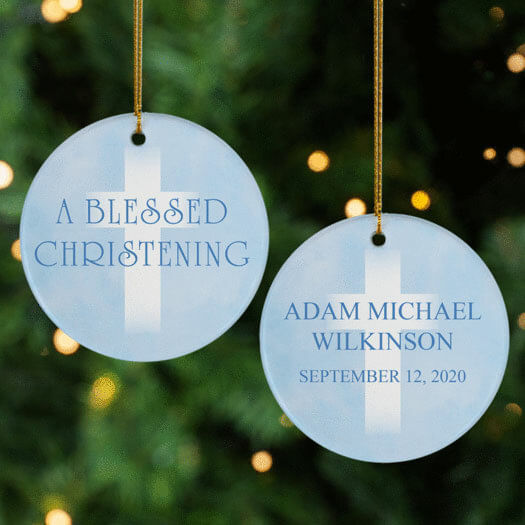 engraved personalized christening blue photo christmas ornament – Christmas ornament, holiday tree decoration or gift