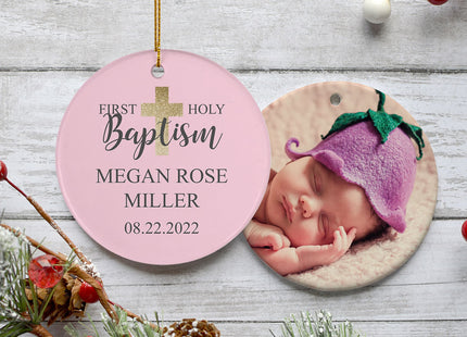 decorative personalized holy baptism pink photo christmas ornament – Christmas ornament, holiday tree decoration or gift