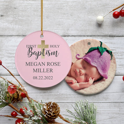 decorative personalized holy baptism pink photo christmas ornament – Christmas ornament, holiday tree decoration or gift