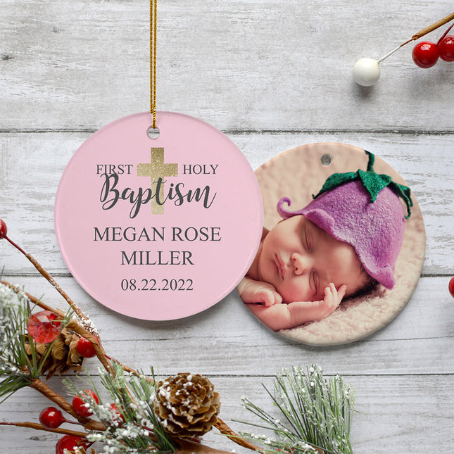 decorative personalized holy baptism pink photo christmas ornament – Christmas ornament, holiday tree decoration or gift