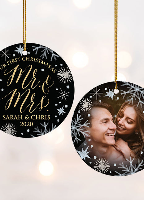 "First Christmas As Mr & Mrs" Wedding Personalized Ceramic Round Photo Ornament - ORNAMENT EXCLUSIVE Personalized Ornament