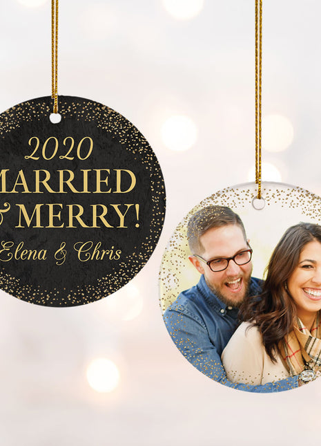 "Merried & Merry" Wedding Personalized Ceramic Round Photo Ornament - ORNAMENT EXCLUSIVE Personalized Ornament