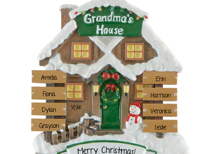 Personalized Grandma's House Christmas ornament with up to 8 grandkids' names on wooden signs and a custom bottom banner.
