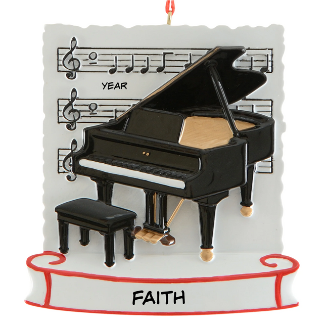 Personalized grand piano Christmas ornament with name and year featuring a black piano, bench and sheet music.