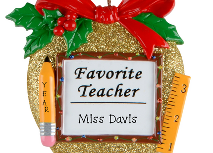 Personalized favorite teacher Christmas ornament with apple, pencil, ruler, custom teacher name and year.