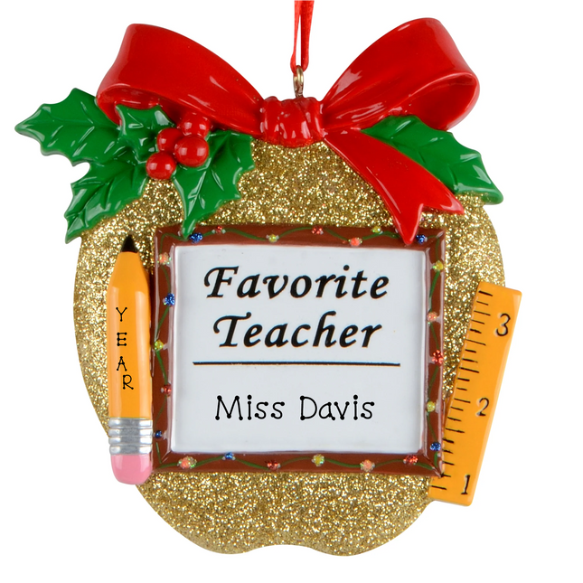 Personalized favorite teacher Christmas ornament with apple, pencil, ruler, custom teacher name and year.
