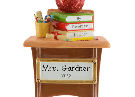 Personalized teacher desk Christmas ornament with books, apple, school supplies, custom teacher name and year.
