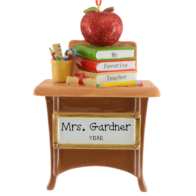 Personalized teacher desk Christmas ornament with books, apple, school supplies, custom teacher name and year.