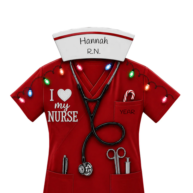 Personalized nurse Christmas ornament with red scrubs, stethoscope, medical tools, custom name, nursing title and year.