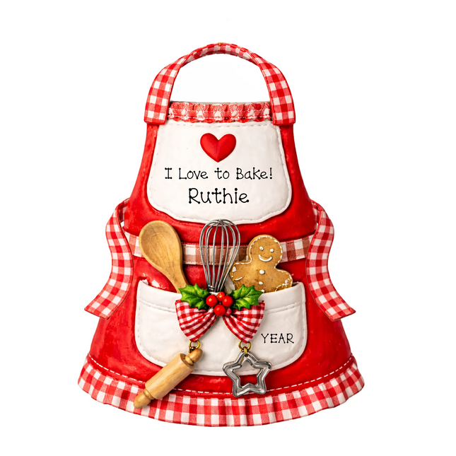 Personalized baker Christmas ornament with red apron, baking utensils, gingerbread cookie, custom name and year.