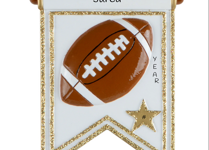 Personalized football player Christmas ornament with football, gold star, custom player name, year and jersey number.