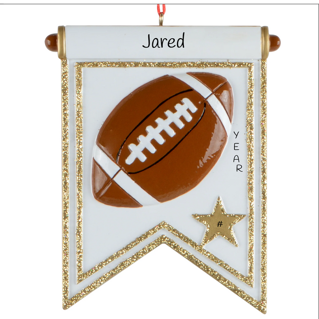 Personalized football player Christmas ornament with football, gold star, custom player name, year and jersey number.