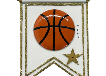 Personalized basketball player Christmas ornament with basketball, gold star, custom player name, year and jersey number.