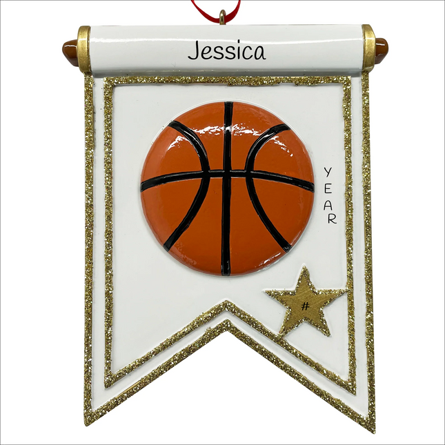 Personalized basketball player Christmas ornament with basketball, gold star, custom player name, year and jersey number.