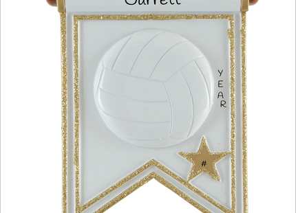 Personalized volleyball player Christmas ornament with volleyball, gold star, custom player name, year and jersey number.