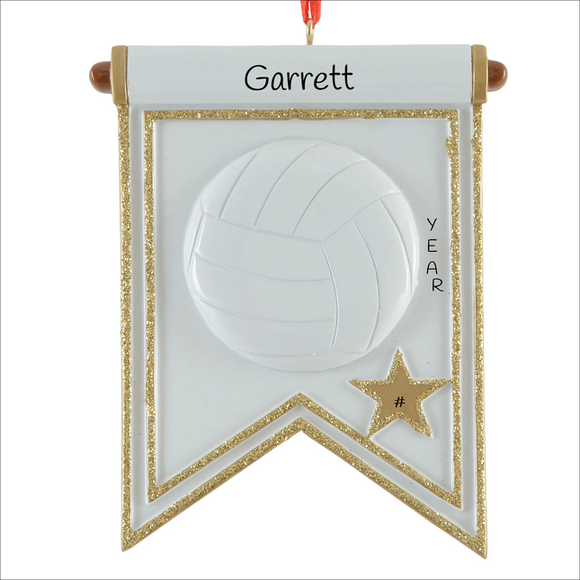 Personalized volleyball player Christmas ornament with volleyball, gold star, custom player name, year and jersey number.