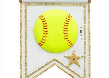 Personalized softball player Christmas ornament with yellow softball, gold star, custom player name, year and jersey number.