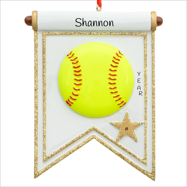 Personalized softball player Christmas ornament with yellow softball, gold star, custom player name, year and jersey number.