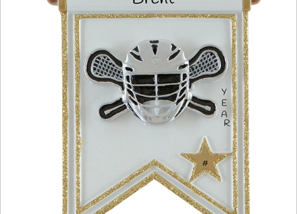 Personalized lacrosse player Christmas ornament with helmet, crossed lacrosse sticks, gold star, custom name, year and jersey number.