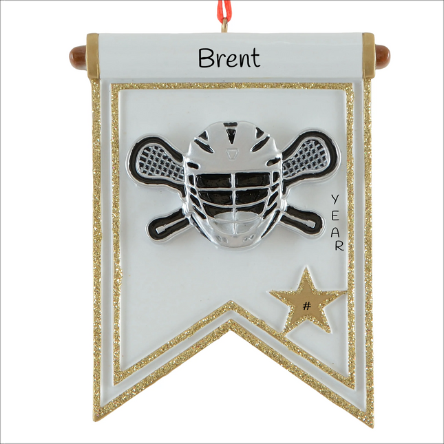 Personalized lacrosse player Christmas ornament with helmet, crossed lacrosse sticks, gold star, custom name, year and jersey number.