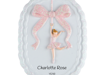 Personalized ballerina Christmas ornament with pink glitter bow, dancing ballerina, custom name and year.