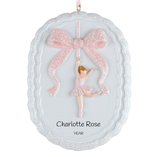 Personalized ballerina Christmas ornament with pink glitter bow, dancing ballerina, custom name and year.