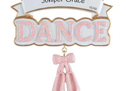 Personalized dance Christmas ornament with pink glitter DANCE lettering, ballet slippers, custom name and year.
