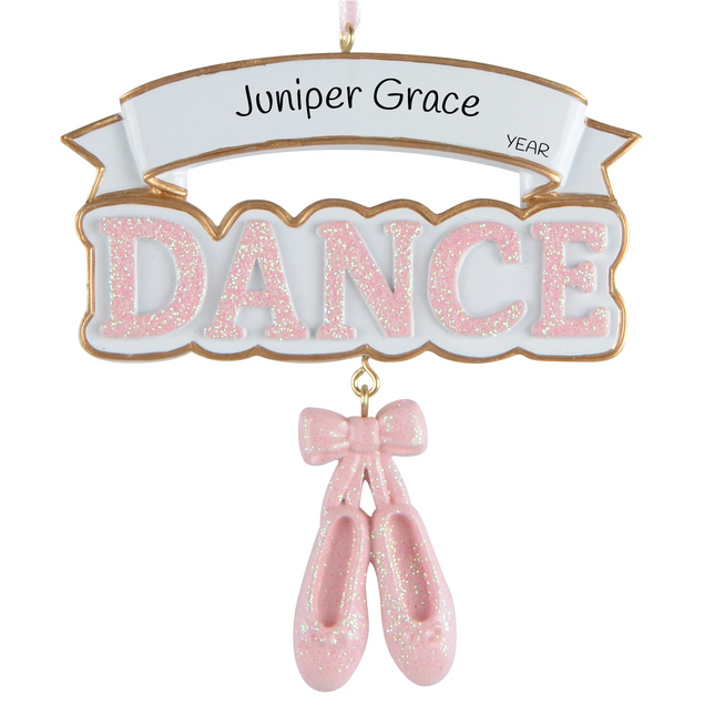 Personalized dance Christmas ornament with pink glitter DANCE lettering, ballet slippers, custom name and year.
