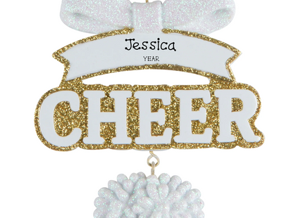 Personalized cheer Christmas ornament with glitter bow, CHEER lettering, pom pom, custom name and year.
