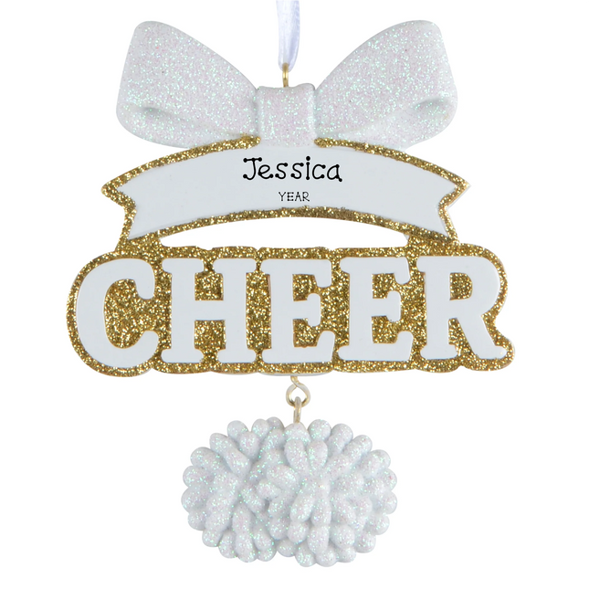 Personalized cheer Christmas ornament with glitter bow, CHEER lettering, pom pom, custom name and year.