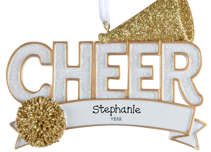 Personalized cheerleader Christmas ornament with CHEER lettering, gold megaphone, pom pom, custom name and year.