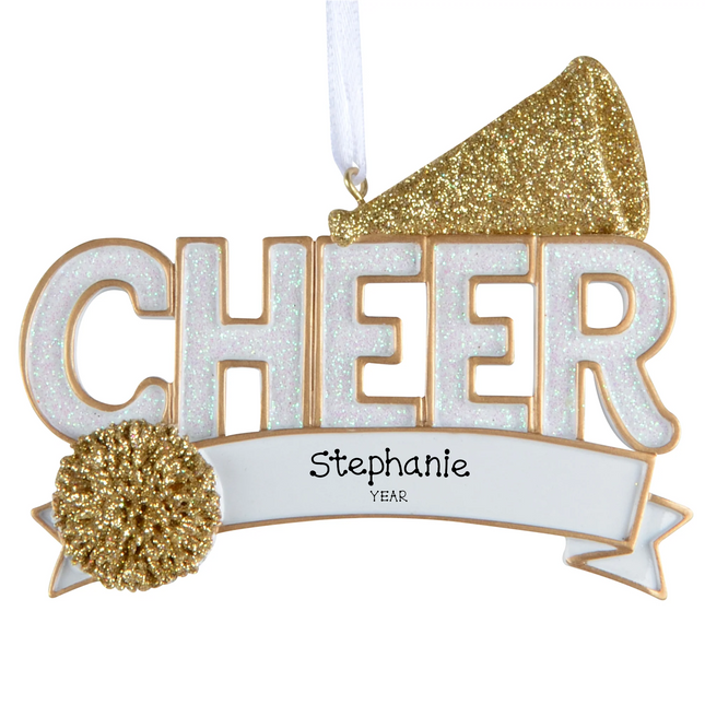 Personalized cheerleader Christmas ornament with CHEER lettering, gold megaphone, pom pom, custom name and year.