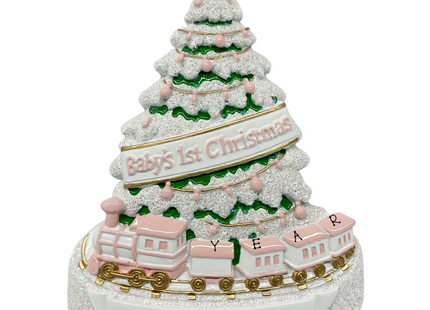 Personalized baby girl first Christmas ornament with pink train, snowy Christmas tree, custom baby name and year.