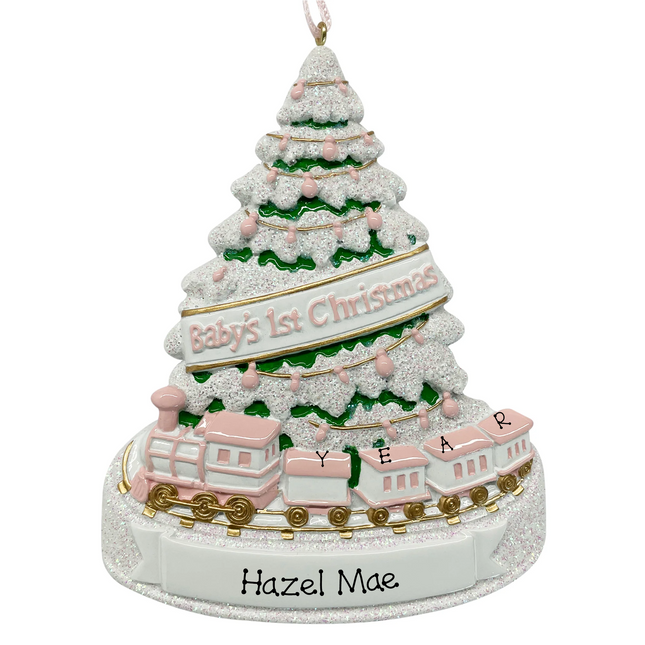 Personalized baby girl first Christmas ornament with pink train, snowy Christmas tree, custom baby name and year.