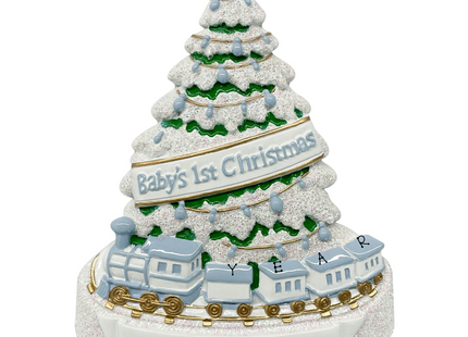 Personalized baby boy first Christmas ornament with blue train, snowy Christmas tree, custom baby name and year.