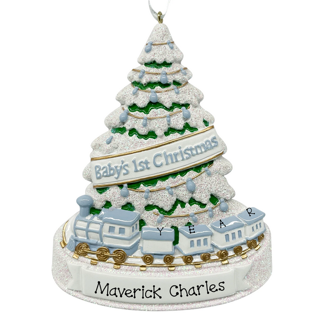 Personalized baby boy first Christmas ornament with blue train, snowy Christmas tree, custom baby name and year.