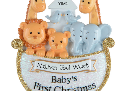 Personalized baby’s first Christmas Noah’s Ark ornament with giraffes, lions, elephants, birds, custom baby name and year.