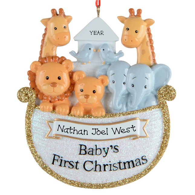 Personalized baby’s first Christmas Noah’s Ark ornament with giraffes, lions, elephants, birds, custom baby name and year.