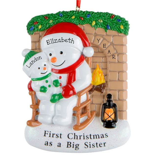 Personalized first Christmas as a big brother snowman ornament with big brother name, baby name and year.