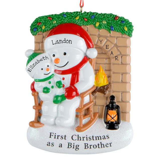 Personalized first Christmas as a big brother snowman ornament with big brother name, baby name and year.