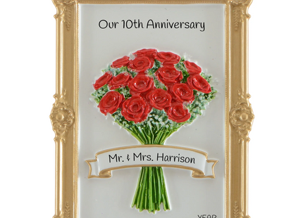 Personalized red rose bouquet Christmas ornament with custom message, couple name and year in an elegant gold frame.