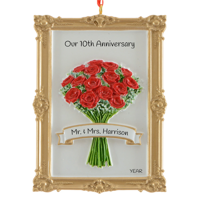 Personalized red rose bouquet Christmas ornament with custom message, couple name and year in an elegant gold frame.