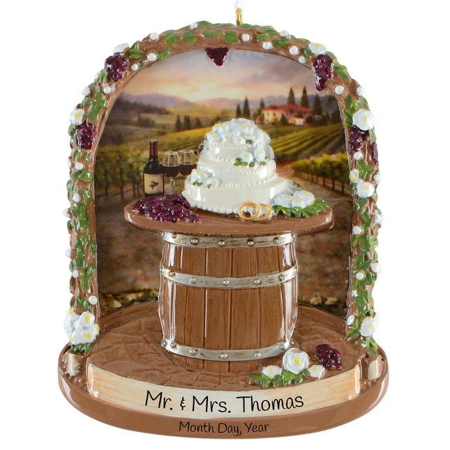 Personalized vineyard wedding Christmas ornament with wedding cake, wine barrel, grapes, custom couple name and wedding date.