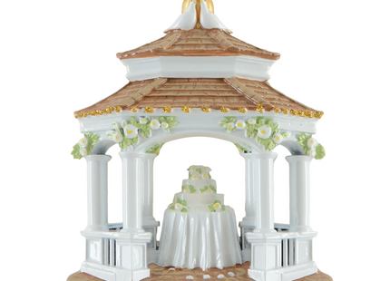 Personalized wedding gazebo Christmas ornament with floral gazebo, wedding cake, custom couple name and wedding date.