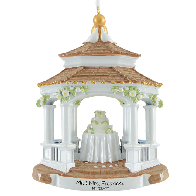 Personalized wedding gazebo Christmas ornament with floral gazebo, wedding cake, custom couple name and wedding date.