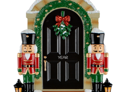 Personalized nutcracker front door Christmas ornament with custom year and holiday message.