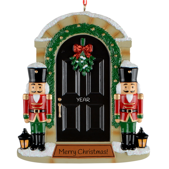 Personalized nutcracker front door Christmas ornament with custom year and holiday message.