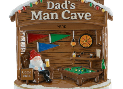 Personalized Dad's Man Cave Christmas ornament with pool table, dartboard, Santa, custom year and holiday message.