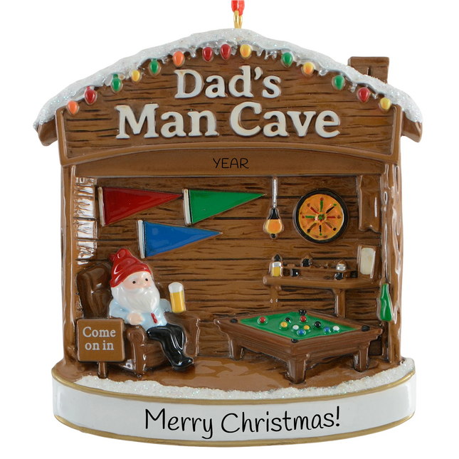 Personalized Dad's Man Cave Christmas ornament with pool table, dartboard, Santa, custom year and holiday message.