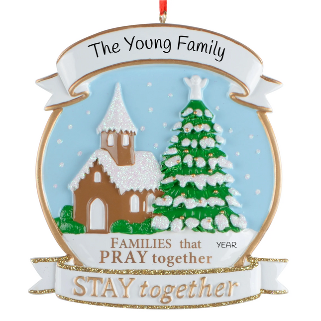 Personalized Families That Pray Together Christmas ornament with snowy church, Christmas tree, family name and year.